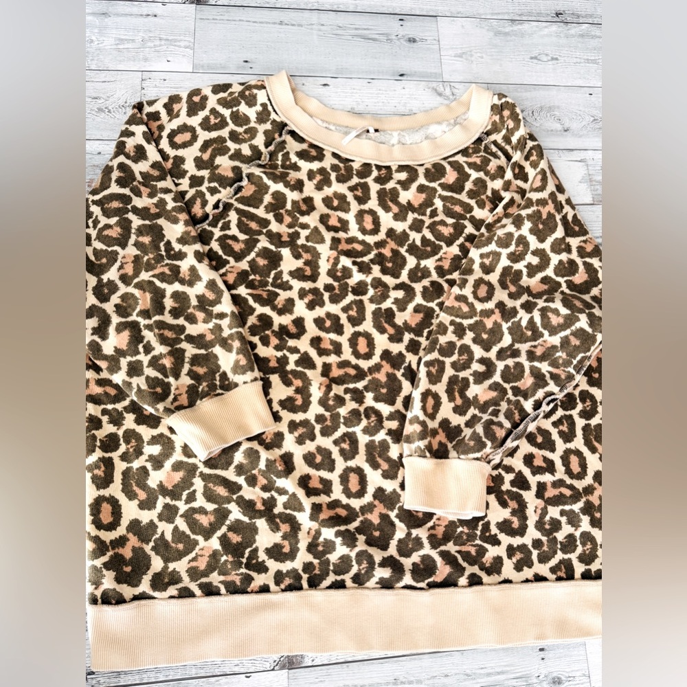 Free People Beige and Brown Leopard Print Pullover Sweatshirt